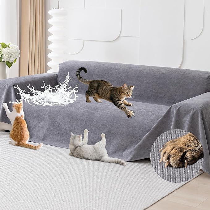 Loiion Cat Scratch Furniture Protector - Anti-Slip, Waterproof Sofa Cover to Keep Cats Off, Pet-Friendly Couch Protectors for 3 Cushion Couch, Gray Anti-Scratch Couch Cover for Pets and Kids 134"X71" by Loiion