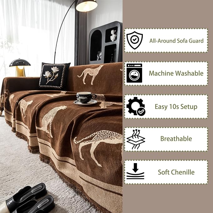 Leopard Print Chenille Sofa Cover Throw Blanket, Non-Slip Furniture Protector with Tassel Edges, Machine Washable, Pet & Kid Friendly for Living Room (Brown) (71"x90") - Image 3