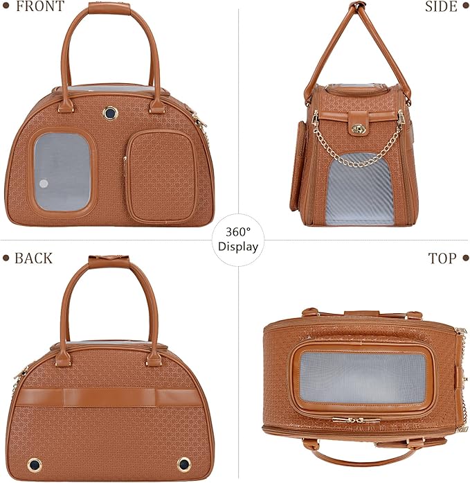 Stylish Luxury Dog Carrier Purse for Small Dogs, Ventilated Pet Soft-Sided Dog Cat Carrier Travel Tote Bag for Puppies Small Animals with Pockets (Brown, 16.9inch x 9inch x 11.8inch(LxWxH))