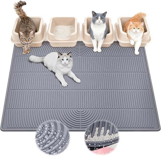 XXL Cat Litter Mat, 47"x35" Water-Resistant & Anti-Slip Litter Trapper for Kitty Litter Box, Easy Clean Silicone Floor Mat for Pets, Grey by Ipixune