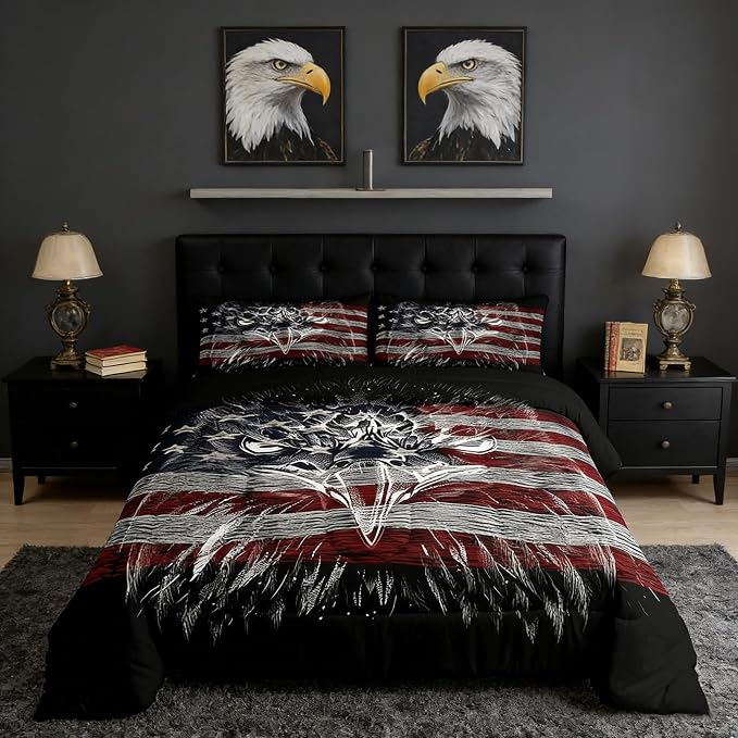 Homewish American Flag Comforter Set King Size, Eagle Bird Animal Print Stars Stripes USA Flag Bedding Comforters for Children Adult, American Culture Breathable Bedding Set, 2 Pillowcases, Bedspread - Image 3