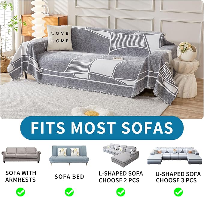 HAOMAIJIA Non Slip Couch Cover Sofa Covers for 2 Cushion Couch Washable sectional Couch Covers for Dogs pet Furniture Protector Couch Cover Blanket for Living Room (Grey-Cream, 71"x118") - Image 5