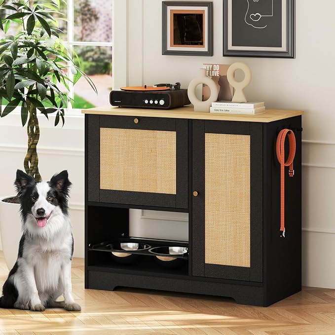 Rovibek Dog Feeding Station with with 2 Elevated Dog Bowls, Dog Food Storage Cabinet with with Storage and Hooks, Hidden Pet Feeder Station Wood for Cats and Dogs, Black by Rovibek