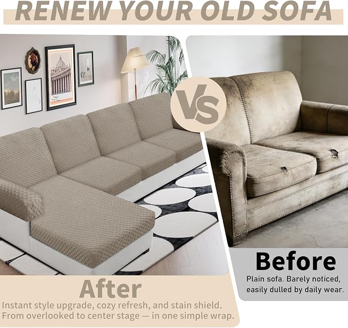 YEMYHOM Couch Cushion Covers for Sofa, Stretch Sectional Back Cushion Covers Washable Thick Furniture Protector Sofa Slipcovers for Pets (1PC Back Couch Cover, Khaki) - Image 4
