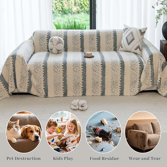 Sherpa Fleece Couch Cover for 3 Cushion Sofa, Gray, 71" x 134" - Pet Proof Sofa Covers Heavy Duty Scratch Resistant Pet Friendly Furniture Cover - Easy Install, Machine Washable - Image 4