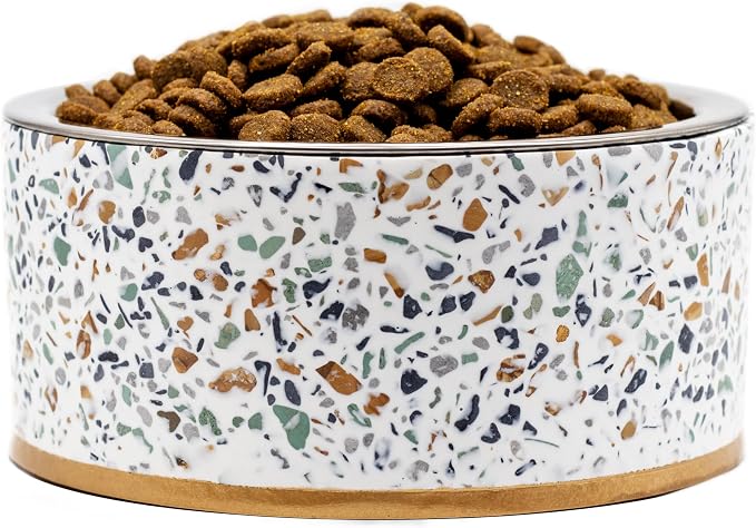 Pet Junkie Terrazzo Single Elevated Pet Bowl Stand, Small, White | Removable Stainless Steel 16oz Inner Bowl, For Small Dog Breed or Cat, Raised Food or Water Station by PetJunkie