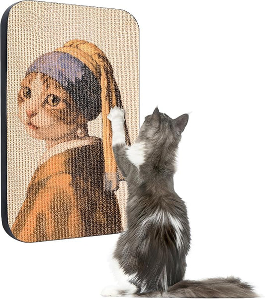 Cat Wall Scratcher, Art Cat Scratching Board for Indoor Cats | Wall Mounted Cat Scratch Pad, Water-Based Ink, Hook&Loop Strips, Floor or Wall Use, 16.7x11x1 Inch, Cat with Pearl Earring by LESISSMER