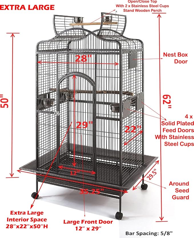 Extra Large Wrought Iron Open/Close Play Top Bird Parrot Cage, Include Metal Seed Guard Solid Metal Feeder Nest Doors Overall Dimensions: 35.25" Wx29.5"x62"H(with Seed Skirt) - Image 2