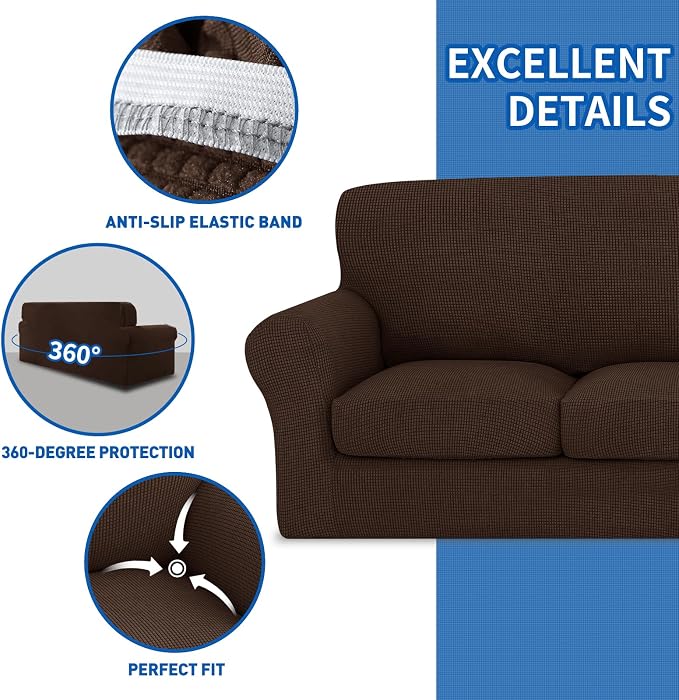 MAXIJIN 3 Piece Couch Covers for 2 Cushion Couch Super Stretch Loveseat Slipcover Dogs Pet Proof Fitted Furniture Protector Spandex Non Slip Sofa Love Seat Cover Washable (Loveseat, Coffee) - Image 5