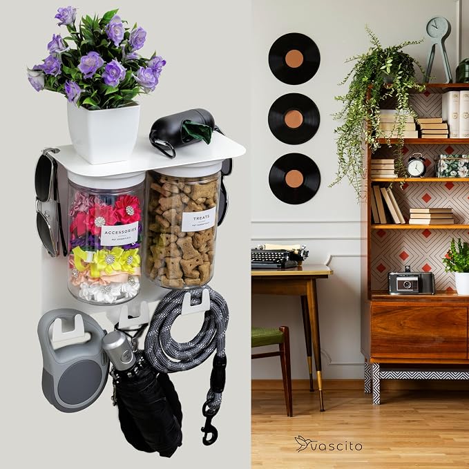 Dog Leash Holder for Wall with Shelf — Wall Mounted Dog Treat Holder & Station, 2 Airtight 32oz Treat Containers, 9 Hooks, Patented Lidless Slide-to-Seal Jars, Solid Steel, Made in USA - Image 3