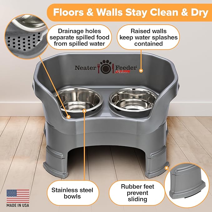 Neater Feeder Deluxe Mess Proof Dog Bowls Elevated for Medium Sized Breeds – Made in USA – No Spill Raised Slow Feeder Elevated Dog Bowl Stand, Stainless Steel Food and Water Bowl Set, Grey - Image 4