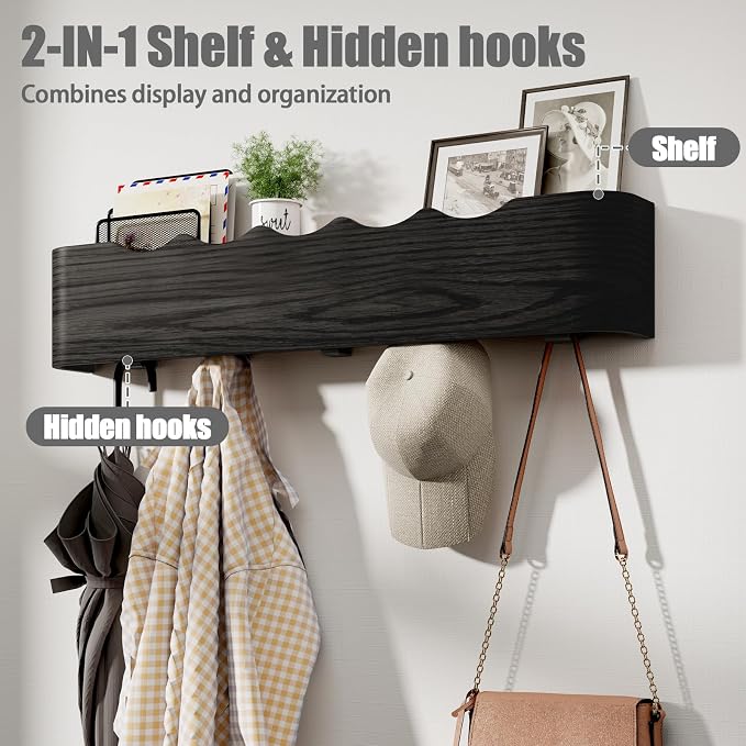 Coat Rack Wall Mount with Shelf 4 Hidden Hooks Modern Wooden Key Holder Entryway Organizer for Hallway Bedroom Bathroom Home Decor Storage for Hanging Coats Hats Bags Towels, Wave-Shape Black - Image 2