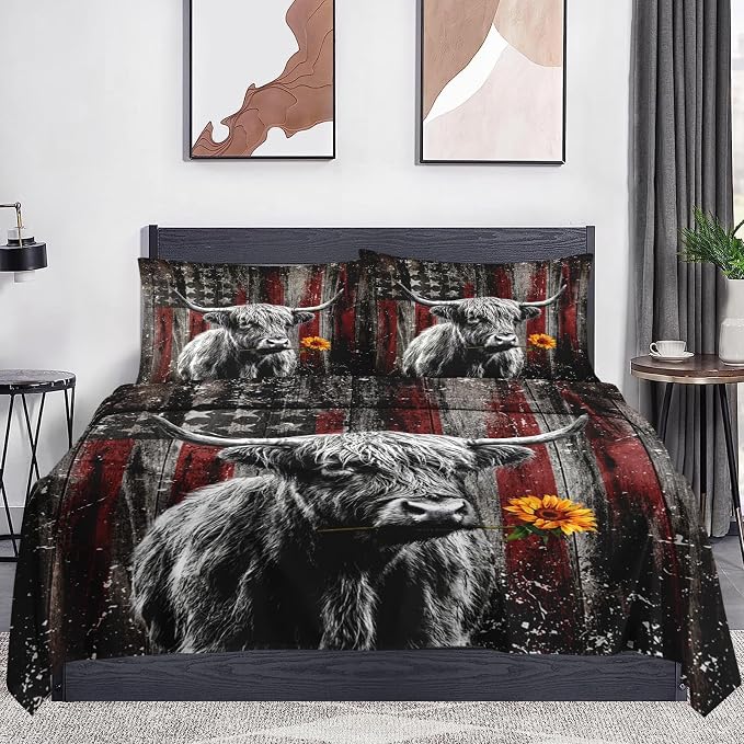 WeCozy Twin Size Bed Sheet Sets with Pillowcases, Highland Cow Animal 3 Pcs Soft Microfiber Bedding for Kids and Adults, Farm Bull American Flag Flat, Fitted Sheet for Bedroom Bed Decor - Image 2