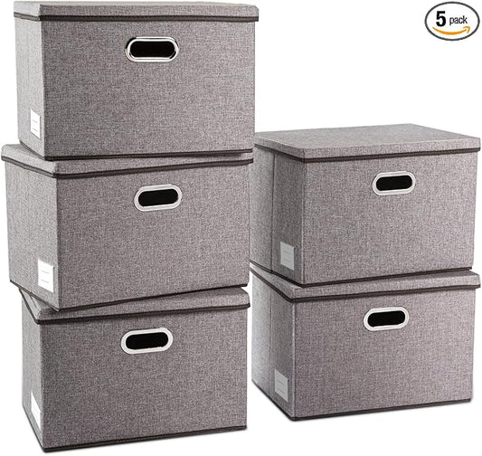 PRANDOM Large Collapsible Storage Containers with Lids [5-Pack] Linen Fabric Foldable Storage Bins Boxes Organizer Baskets Cube with Cover for Home Bedroom Closet Office Nursery (17.7x11.8x11.8) by Prandom