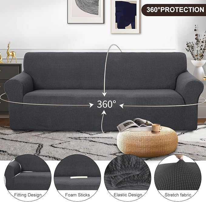 U-NICE HOME 4 Seater Stretch Couch Cover for 3 Cushion Sofa, Dark Grey | 1-Piece Sofa cover, Washable, Pet friendly, Furniture protector, Polyester Spandex Jacquard fabric - Image 3