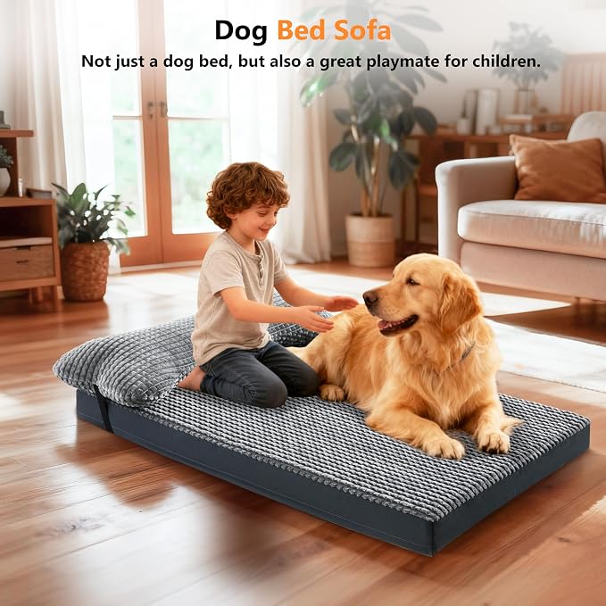 KISYYO Orthopedic L Dog Beds for Large Dogs with Removable Washable Cover and Removable Pillow for Crate,Waterproof Extra Large Dogs Mat, Grey, 35x23 - Image 2
