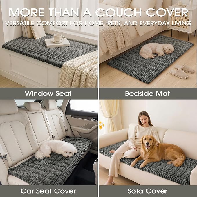 Non-Slip Washable Couch Cover for Dogs, Soft Thick Ribbed Flannel | 27.6"x82.7", Dark Gray, 0.8" Thick, Rubber Dot Backing, Pet-Friendly Protector for Sofa, Floor, Window Seat, Car or Camping - Image 7