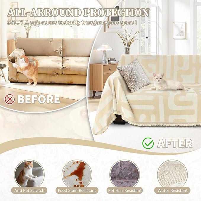 1OO% Waterproof Sectional Couch Covers for Dogs L Shaped Corner Sofa Cover Washable Chenille Sofa Slipcovers Blanket Modern Jacquard Pet Furniture Protector (91"x252", Boho Beige) - Image 5