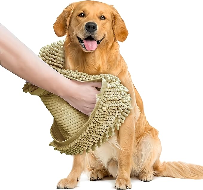 Muddy Mat Doggy Dryer, Highly Absorbent Microfiber Washable Dog Shammy Quick Drying Towel Absorber - Extra Soft Plush Wrap Chenille Bath Towels to Dry Soggy Large Pets & Small Puppy-Beige 15"x38" by MuddyMat%C2%AE