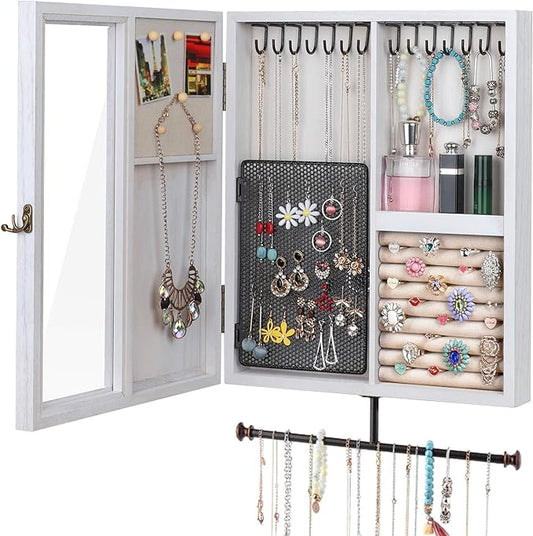 Keebofly Wall Mounted Rustic Wood Jewelry Organizer Cabinet - White | Large Hanging Holder Display for Necklaces, Earrings & Bracelets, Space Saving Ring Storage, Great Gift for Women by Keebofly