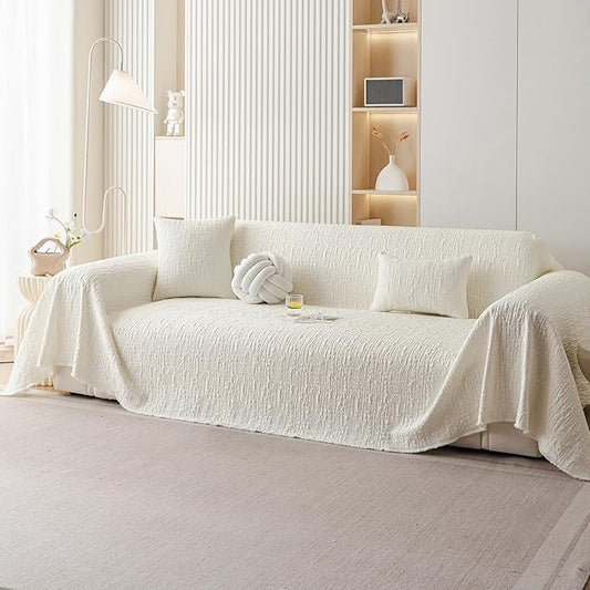 DREAMINGO Bubble Textured Cooling Sofa Cover, Ice Silk Breathable Couch Cover Blanket for Pet & Hot Sleepers, Washable Furniture Protector for 3 Cushion Couch, Cream White, XX-Large 71"x150" by DREAMINGO