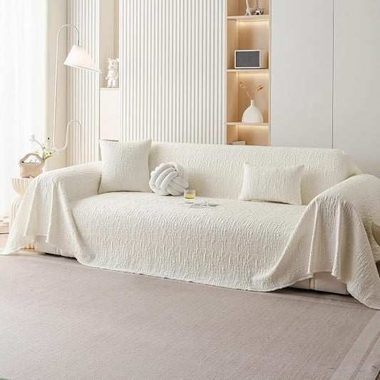 DREAMINGO Bubble Textured Cooling Sofa Cover, Ice Silk Breathable Couch Cover Blanket for Pet & Hot Sleepers, Washable Furniture Protector for 3 Cushion Couch, Cream White, X-Large 71"x134" by DREAMINGO