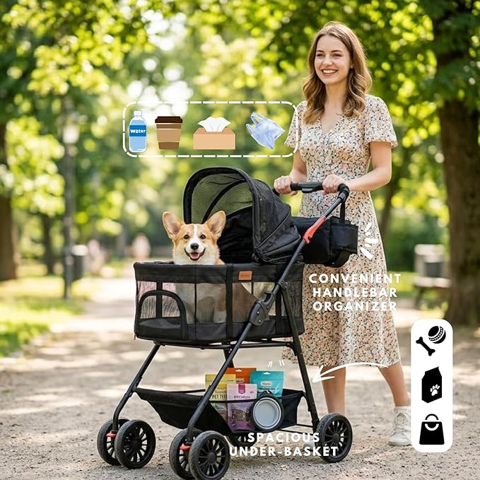 Pet Stroller for Small Dogs Cats with Wheels, Detachable Carrier, Max Load 33 lbs, Easy Folding, Compact Portable, Dog Carriage Cart Car Seat 3 in 1