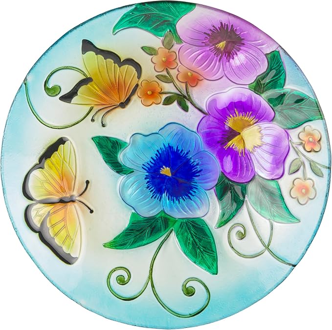 Alpine Corporation 18" Glass Birdbath Topper with Colorful Butterfly and Flowers by Unknown