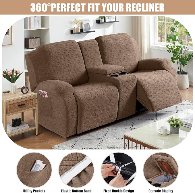 VANSOFY Stretch Recliner Loveseat Cover with Middle Console, Light Coffee | 4-Pieces, Soft Furniture Protector, Washable Slipcover with Pocket, Pets Sofa Cover, High Stretchy fabric Couch Cover - Image 5