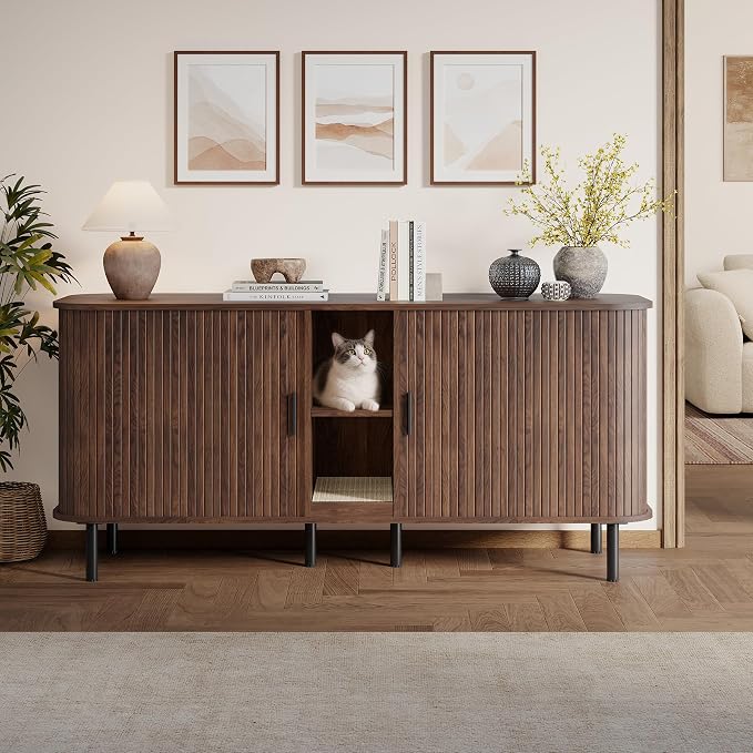 58" Double Cat Litter Box Enclosure, Large Hidden Litter Box Furniture for 2 Cats with Cat Scratch Pad, Mid Century Modern Indoor Cat House with Double Room, TV Stand, Side Table, Walnut - Image 8