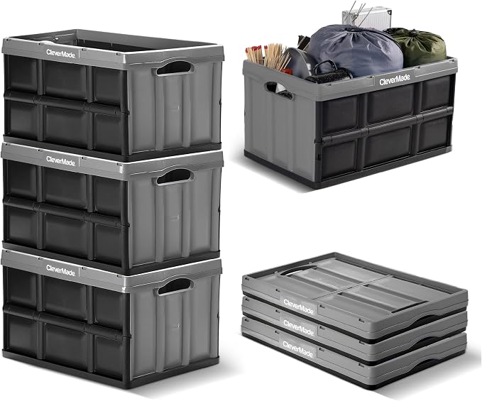 CleverMade Collapsible Storage Bins, 46L, 3 Pack, Ocean | Each bin supports 75 lb for groceries, tools, or gear. Interlocking bases stack securely, and the bins fold to 2.75 inches. - Image 10