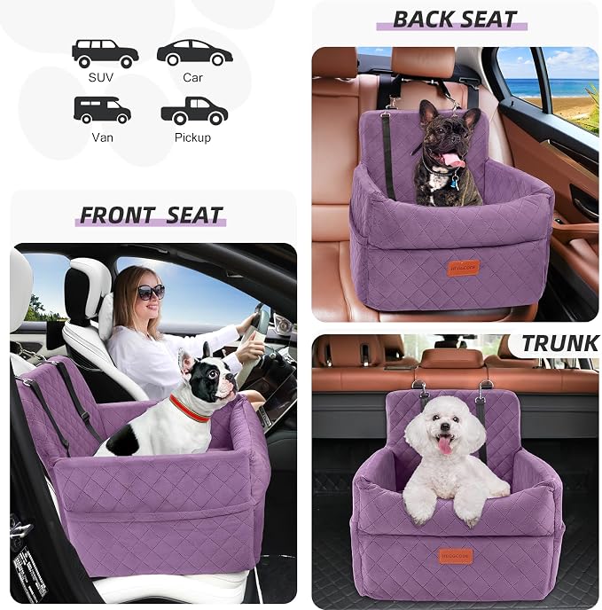 HEGGCOOE Small Dog Car Seat, Memory Foam Dog Booster Seats with Thick Cushion for Medium Dogs Under 35lbs, Detachable Washable Pet Car Seat Bed with Storage Pockets,2 Safety Belts Purple - Image 5