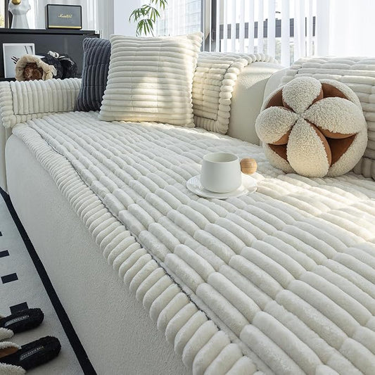 Sofa Couch Cover, Sofa Covers for Dogs Washable, Non-Slip Striped Sofa Slipcovers for Sectional Sofa, Sofa Cover Furniture Protector for L Shaped(Beige White 27.6"x 82.7") by MDSASFD