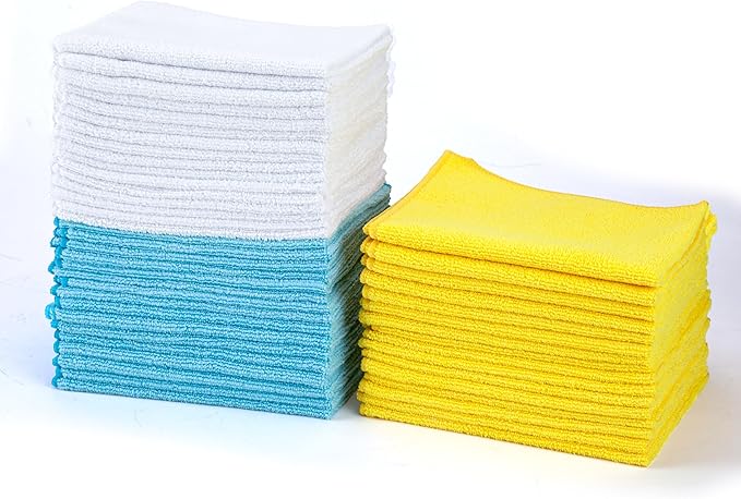 Amazon Basics Microfiber Cleaning Cloths, Highly Absorbent, Scratch-Free, Ultra-Soft, Non-Abrasive, Reusable and Washable, 16" x 12", Blue/White/Yellow, 48-Pack by AmazonBasics