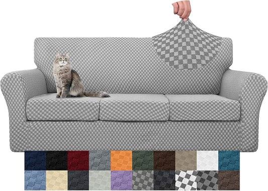 YEMYHOM Latest Checkered 4 Pieces Couch Covers for 3 Cushion Couch High Stretch Thickened Sofa Cover for Dogs Living Room Anti Slip Elastic Slipcovers (Light Gray Checkered), 71"-91"(3 Cushions) by YEMYHOM