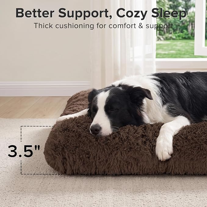 JOEJOY Large Dog Bed Crate Pad, Deluxe Plush Washable Dog Beds Fulffy Soft Kennel Pad Anti-Slip Pet Sleeping Mat for Large Medium Small Dogs, 35" x 23", Brown - Image 3