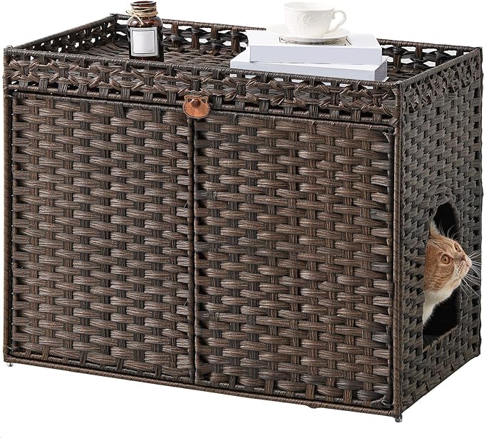SETVSON Cat Litter Box Enclosure Furniture, Handwoven Rattan Hidden Litter Box with Mat, Large Space Cat House with 2 S-Shaped Hooks, 30.3 x 18.3 x 24.4 Inches, Indoor for Living Room Apartment Brown by SETVSON