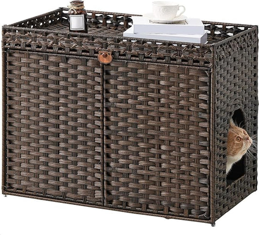 SETVSON Cat Litter Box Enclosure Furniture, Handwoven Rattan Hidden Litter Box with Mat, Large Space Cat House with 2 S-Shaped Hooks, 30.3 x 18.3 x 24.4 Inches, Indoor for Living Room Apartment Brown by SETVSON