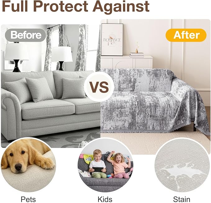 hyha Couch Cover for Dogs, Boho Chenille Sofa Cover for 3 Cushion Couch | Anti-Scratch Washable Sofa Slipcover, Loveseat Sectional Couch Throw Blankets with Tassels (Dark Grey/White, 88.5x134 Inch) - Image 3
