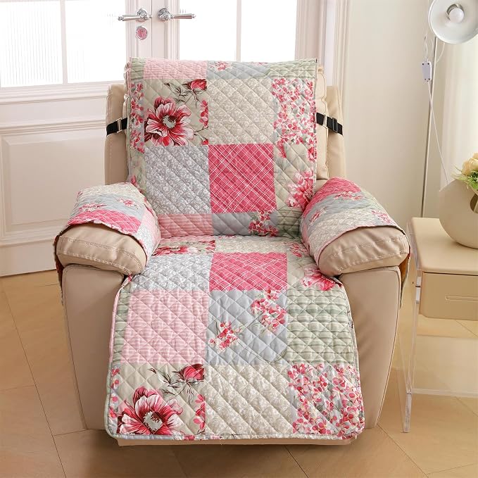 Cmfshape Skidproof Sofa Cover-Patchwork Sofa Slipcover with Elastic Straps-Easy Fit Slip Cover-Rose Washable Furniture Protector for Pets and Kids(Chair,Pink&Grey) by cmfshape-quiltset