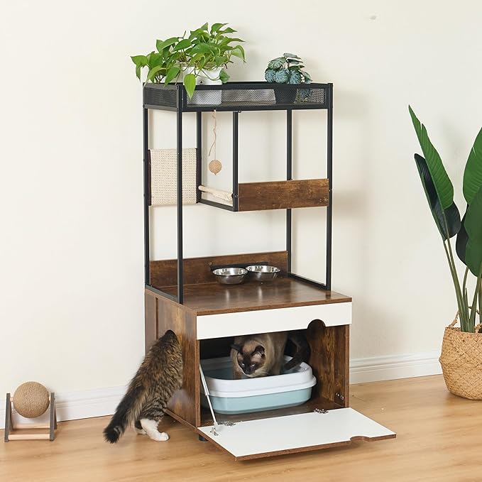 Cat Litter Box Furniture Enclosure with Shelve and Scratching Pad, Hidden Litter Box Furniture Pet Cabinet with Cat Feeding Station, 48.4 Inch Wooden Kitty Washroom Furniture, Cat Tree House,Cat Tower - Image 4