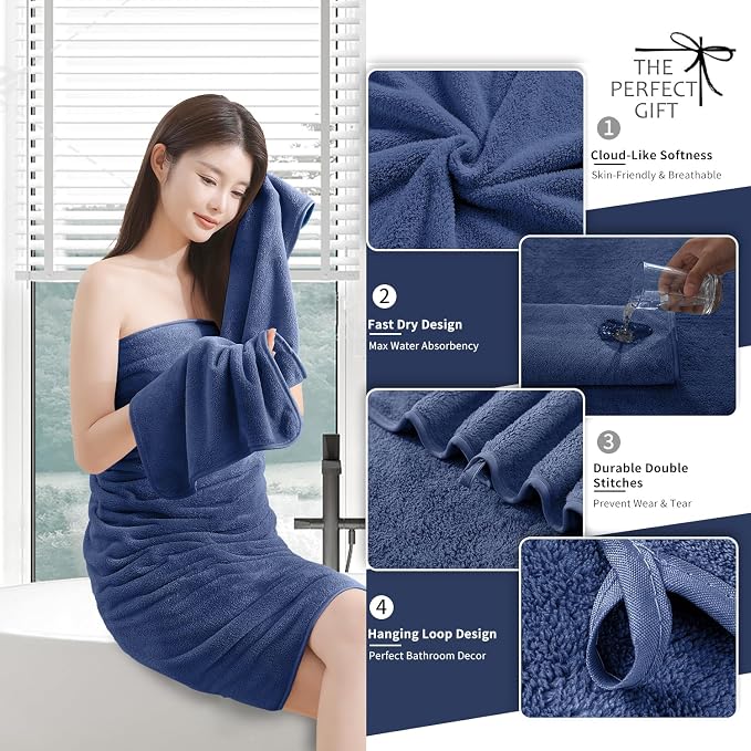 Extra Large Bath Sheet 4 Piece (35"x70")-Ultra Soft Oversized Bath Towel,Bath Sheet Towel Set for Bathroom Hotel,Highly Absorbent Quick Dry Shower Towel Set for Adults,Bathroom Towel-Navy Blue - Image 2