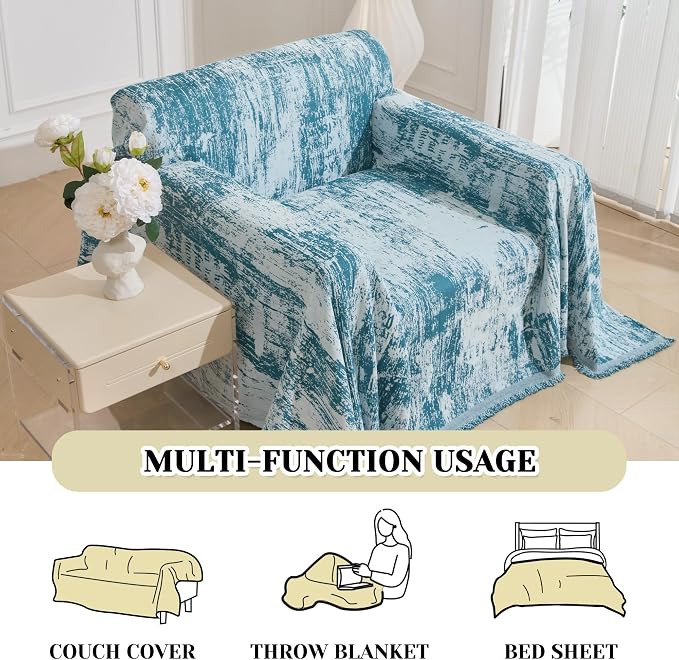 MEETSKY Small Couch Cover Oversized Chair Cover Washable Boho Recliner Slipcover, Pet Friendly Couch Protector with Tassels, Abstract Geometric Design, 71" x 91", Blue - Image 6