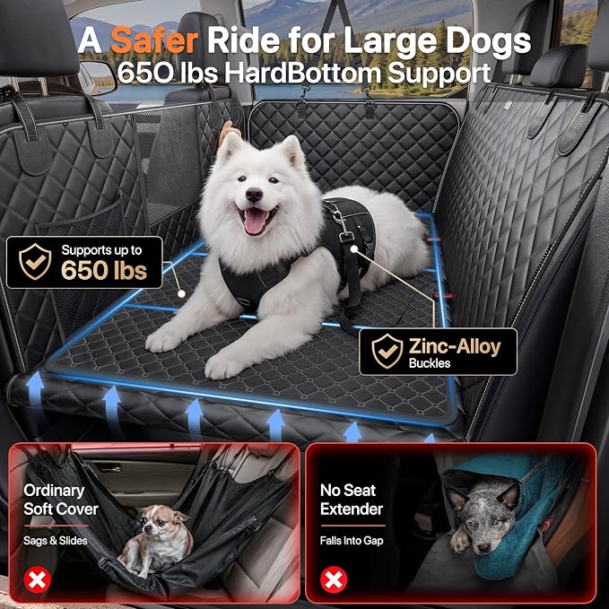 Hard Bottom Dog Car Seat Cover, Back Seat Extender with Washable Mat, L | Military-Grade Protection, 650LB Support, 45% More Space for Large Dogs, Waterproof, Mesh Window, Fits SUVs & Sedans - Image 2