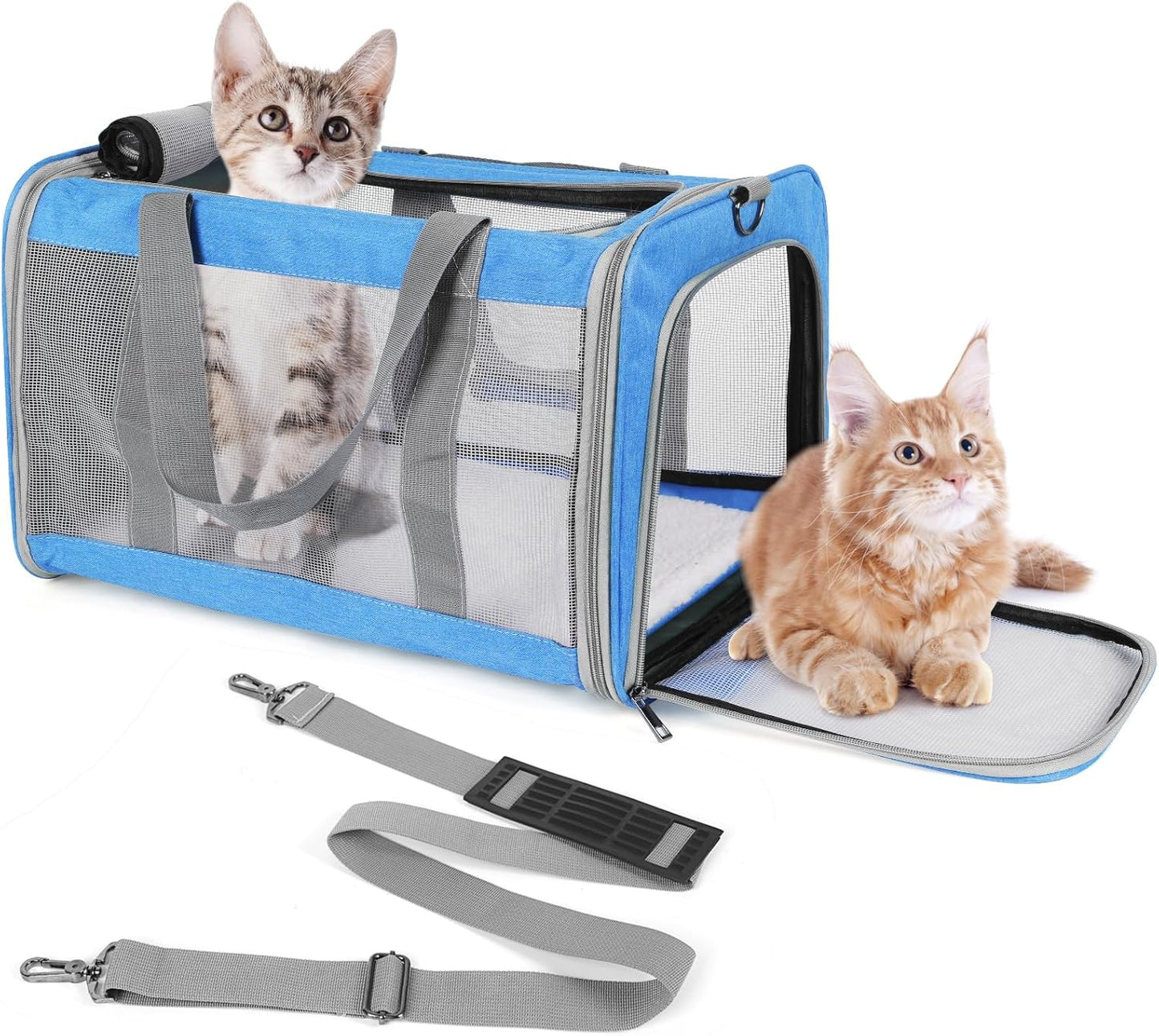 Pet Carrier for Large Cats of 20 Lbs, Collapsible Carrier Bag for Big Cat or 2 Kittens,Soft Sided Puppy Carrier with Sturdy Travel Transport Strap, Adequate Ventilation, 4 Mesh Windows (Blue)