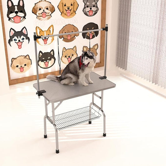 42" Dog Grooming Table Foldable Pet Grooming Tables with Adjustable Arm Noose Storage Mesh Tray Maximum Capacity Up to 330lbs Silver Gray by TRODEP