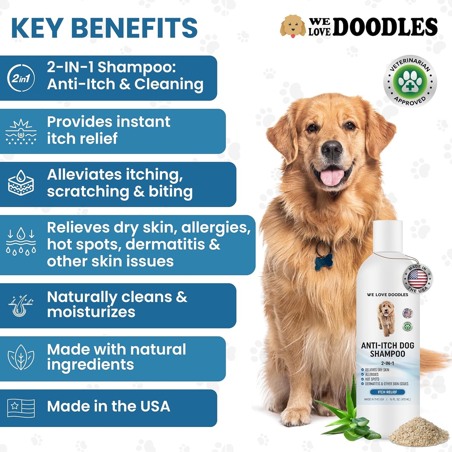 Premium Anti Itch Dog Shampoo for Sensitive Skin, Made in USA, Dry Skin Treatment for Dogs, Great for Allergies, Itching, Hot Spots, Natural Ingredients & Allergy Relief, 16 OZ [We Love Doodles]