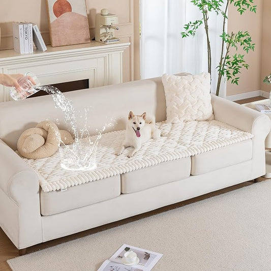 PuTian 100% Waterproof Fuzzy Couch Cover for Dogs White 27.6"x70.9" | Pet Friendly Dog Mat for Couch, Waterproof Sofa Protector, Scratch Resistant Furniture Cover for Dogs, Machine Washable by PuTianWorld