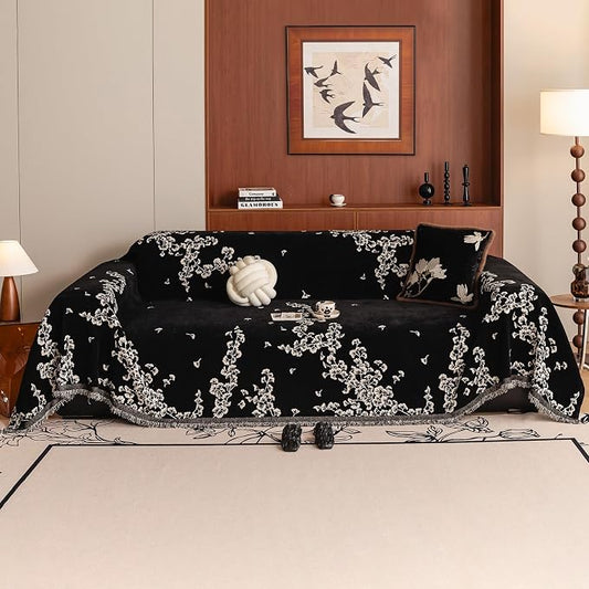 STACYPIK Retro Ginkgo Leaf Sofa Covers Washable Boho Aesthetics Black Couch Cover for 3 Cushion Couch with Tassels Pet Friendly Love Seat Slipcover for Sectional Couch Cover Throw Living Room-71X134IN by STACYPIK