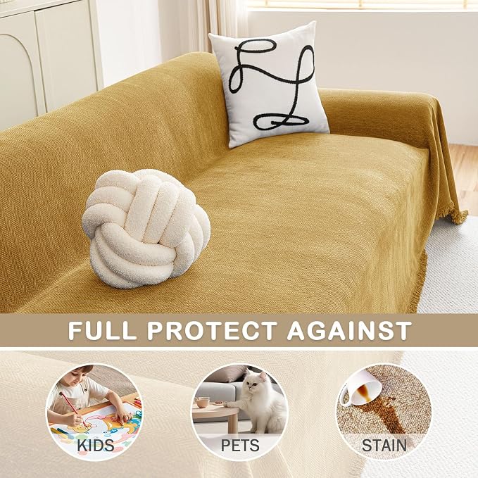 hyha Couch Cover for Dogs, Boho Chenille Sofa Cover for 3 Cushion Couch | Anti-Scratch Washable Sofa Slipcover, Loveseat Sectional Couch Throw Blankets with Tassels (Yellow, 71x118 Inch) - Image 3